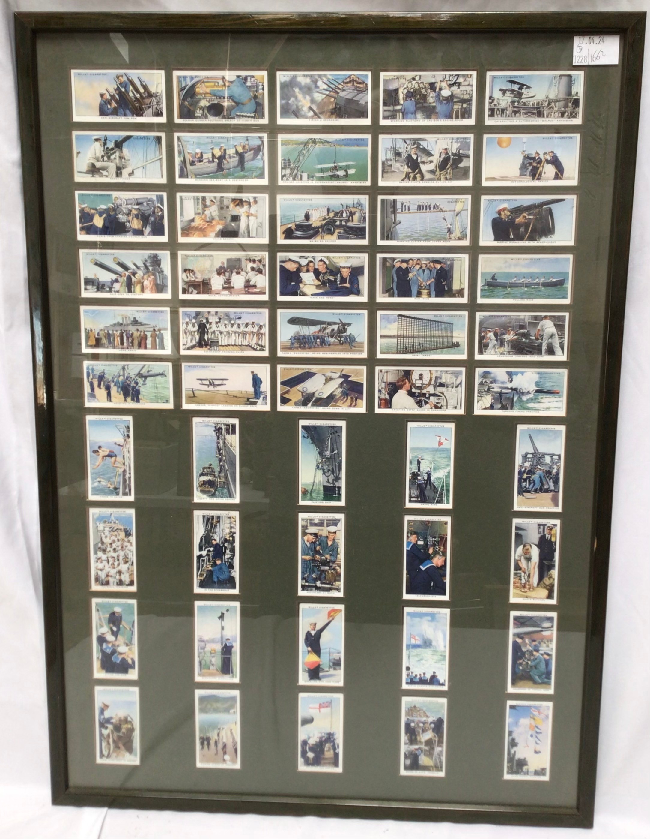 A framed montage of Will’s cigarette cards, ‘Life in the Royal Navy’, together with a framed set
