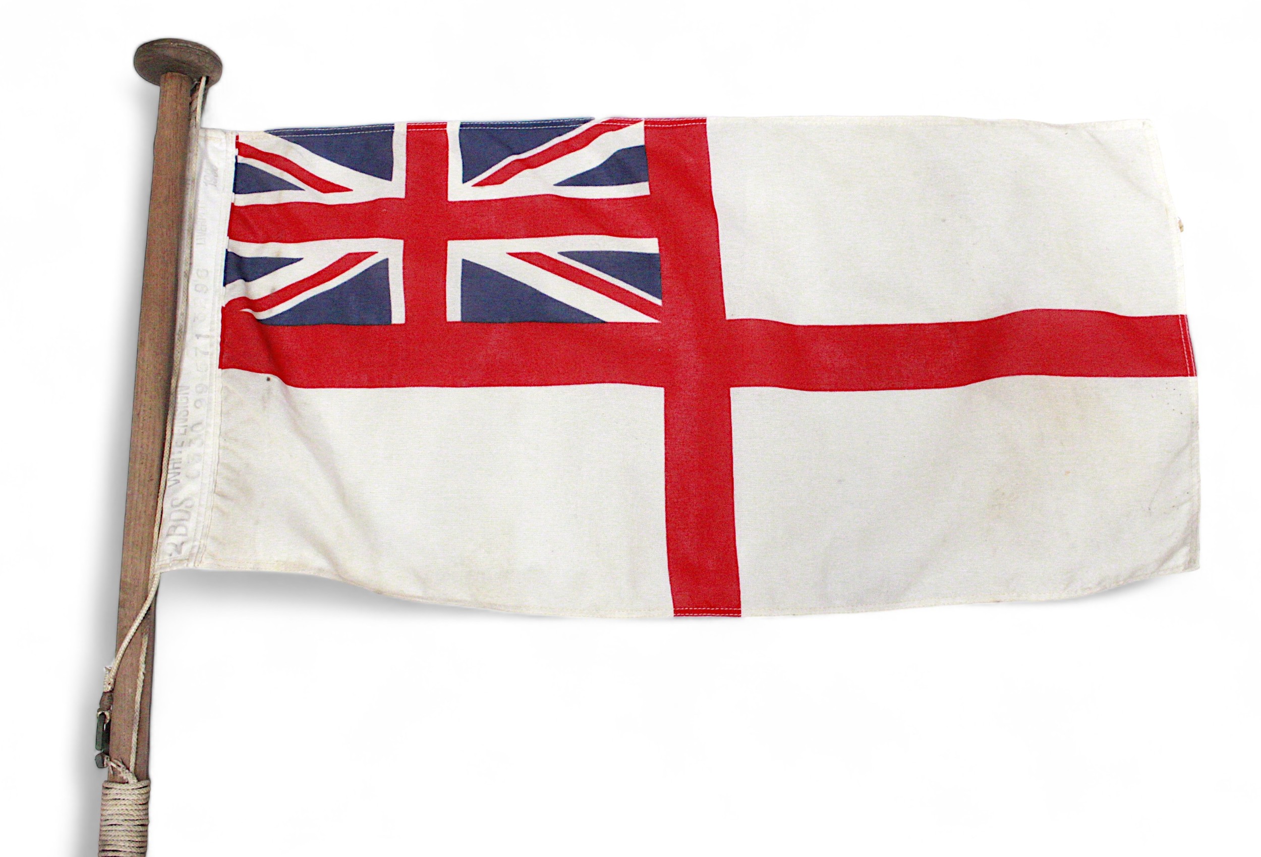 A white ensign flag with wooden pole and whipping, flag by Porter Bros. Liverpool, dated 1996, 41