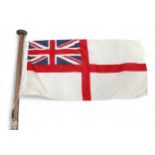 A white ensign flag with wooden pole and whipping, flag by Porter Bros. Liverpool, dated 1996, 41
