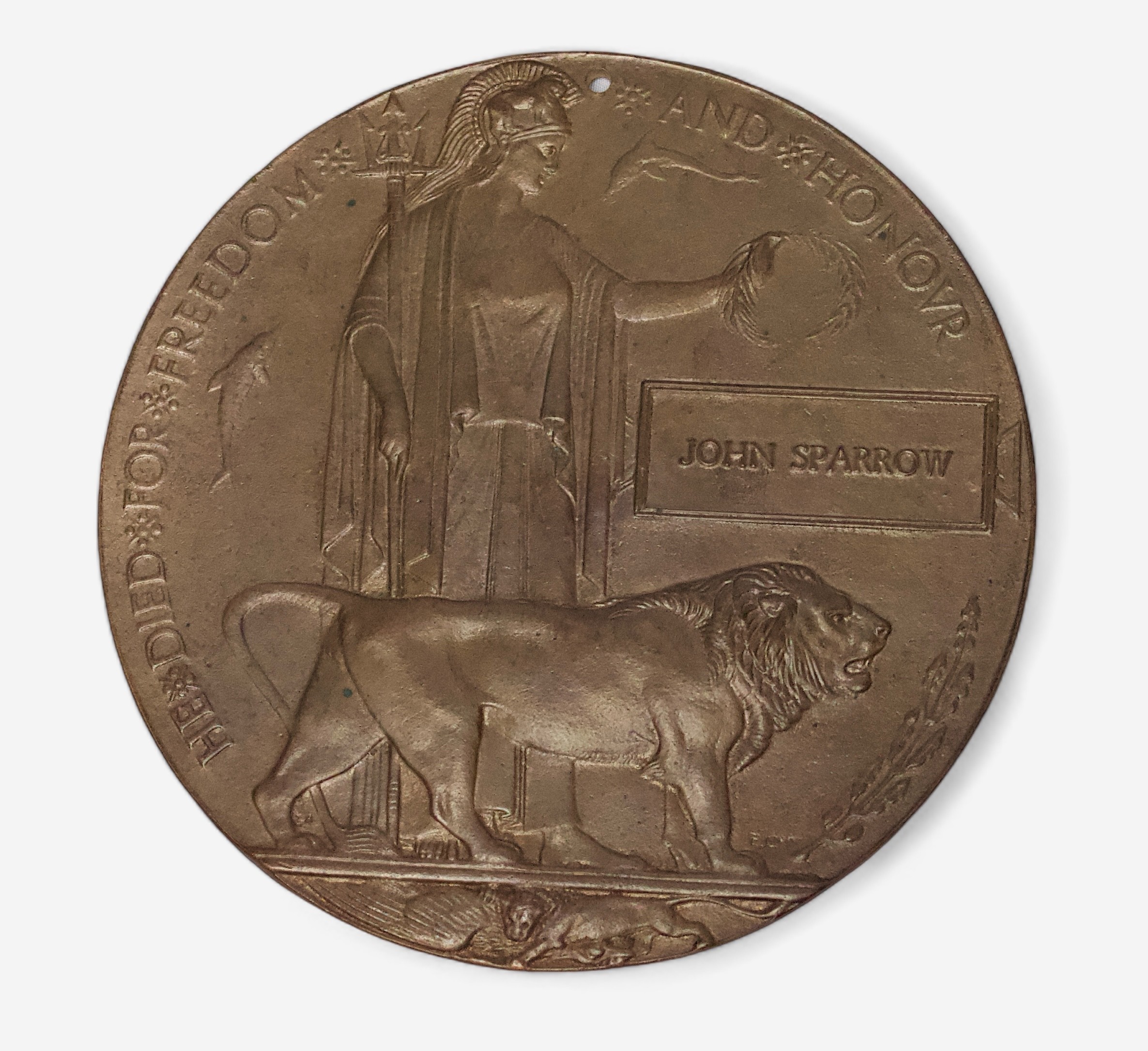A WWI Bronze Commemorative Plaque, or ‘Death Penny’, named to John Sparrow who served with the South