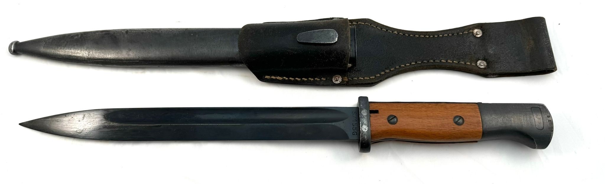 A German K98 Bayonet, 25cm / 10-inch blued steel edged blade with fuller, ricasso numbered S/155G