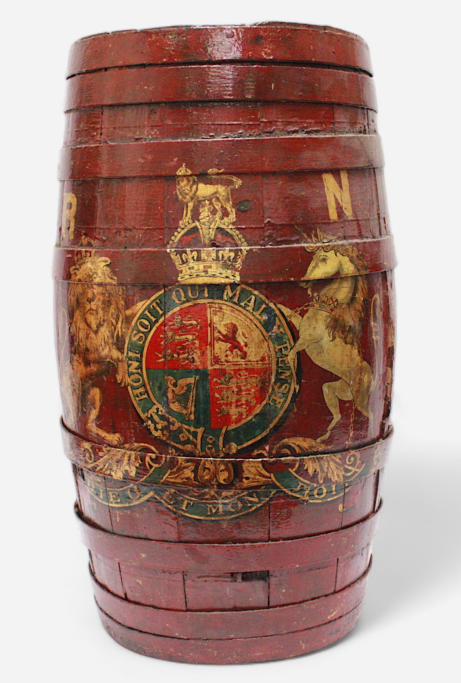 A late 19th /early 20th Century Royal Navy Coopered wooden barrel painted with the Royal Crest of
