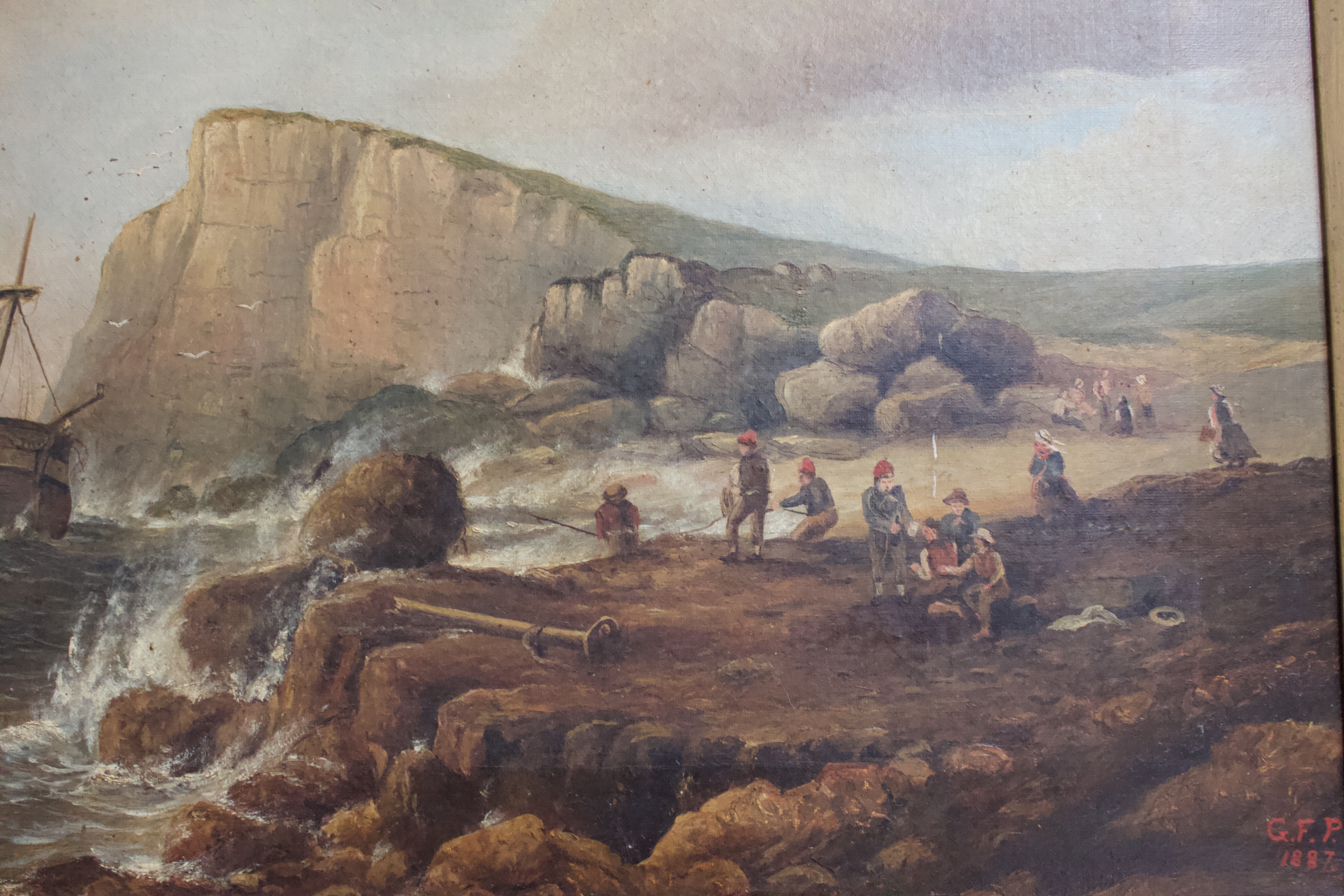 A 19th century coastal study with boat on choppy waters and figures on a cliff edge, with further - Image 4 of 8