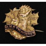 A 9ct gold and enamel 'Sweetheart' brooch of 'HMS THUNDERER' cast with a hammer wielding Thor, the