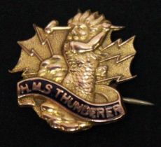 A 9ct gold and enamel 'Sweetheart' brooch of 'HMS THUNDERER' cast with a hammer wielding Thor, the