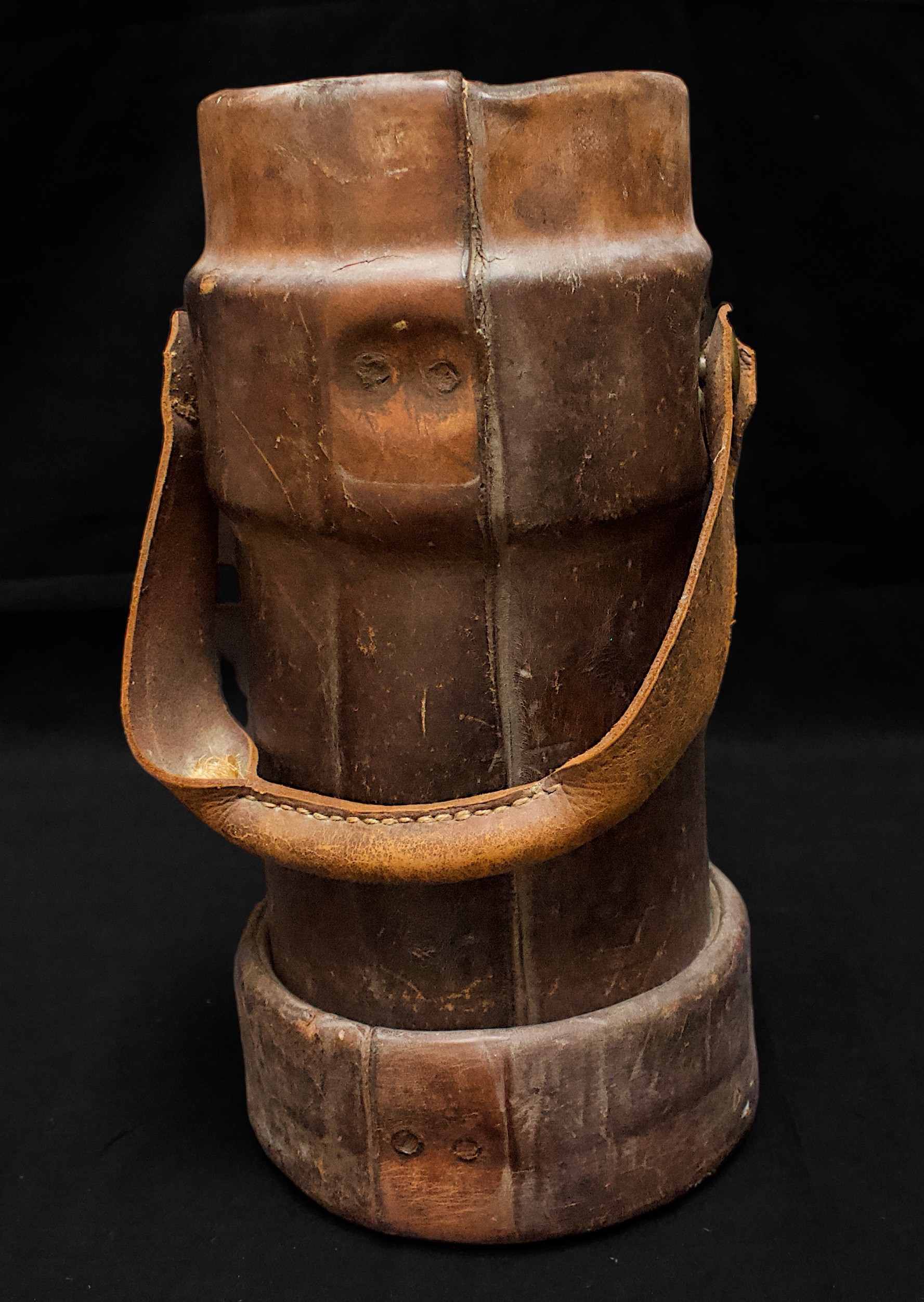 A 19th century Cordite carrier with Royal crest to front and leather carry handle, 31cm tall - Image 2 of 2