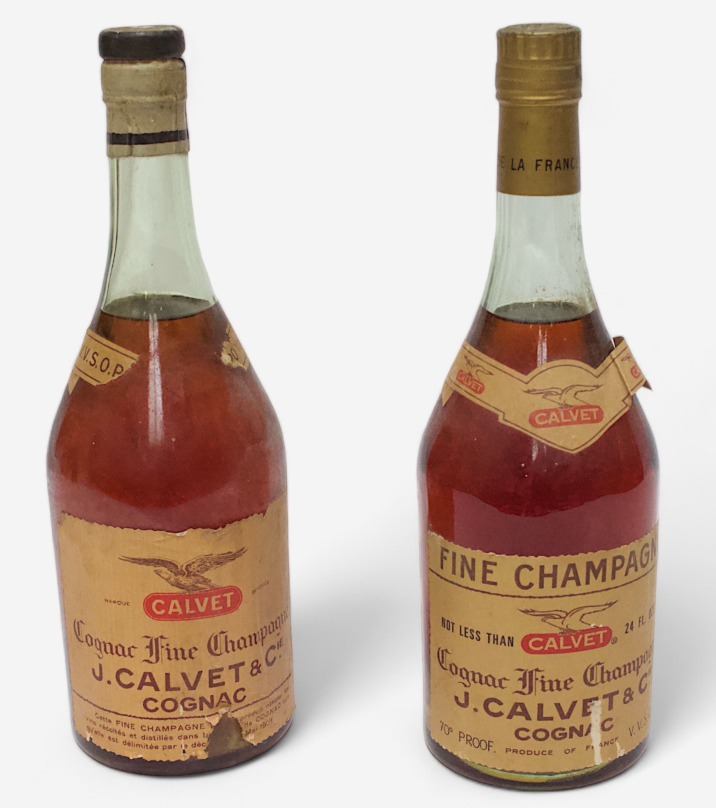 J. Calvet & Cie. Two various bottles of Calvet V.V.S.O.P. Cognac Fine Champagne, one label reads ‘