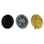 Three German Third Reich Wound Badges, Black, Silver and Gold Class, (3)