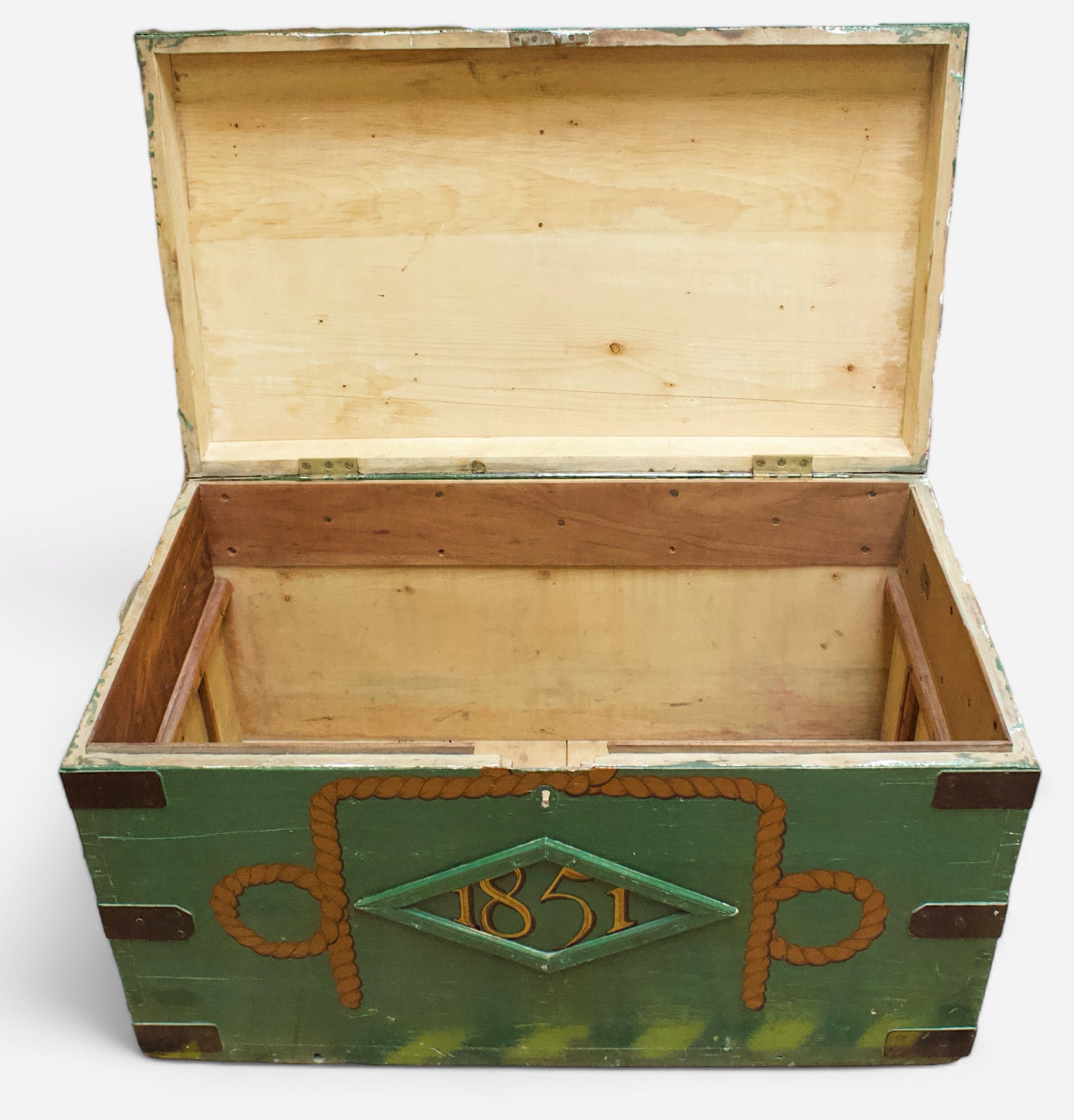 A large metal-bound wooden sea chest, later painted green and with nautical decoration to the top - Image 2 of 2