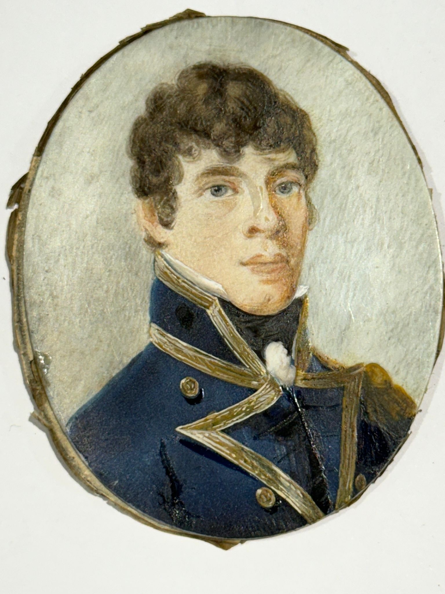 A Mid-19th century oval portrait miniature of a young Naval Lieutenant, with brown curly hair, - Image 2 of 2