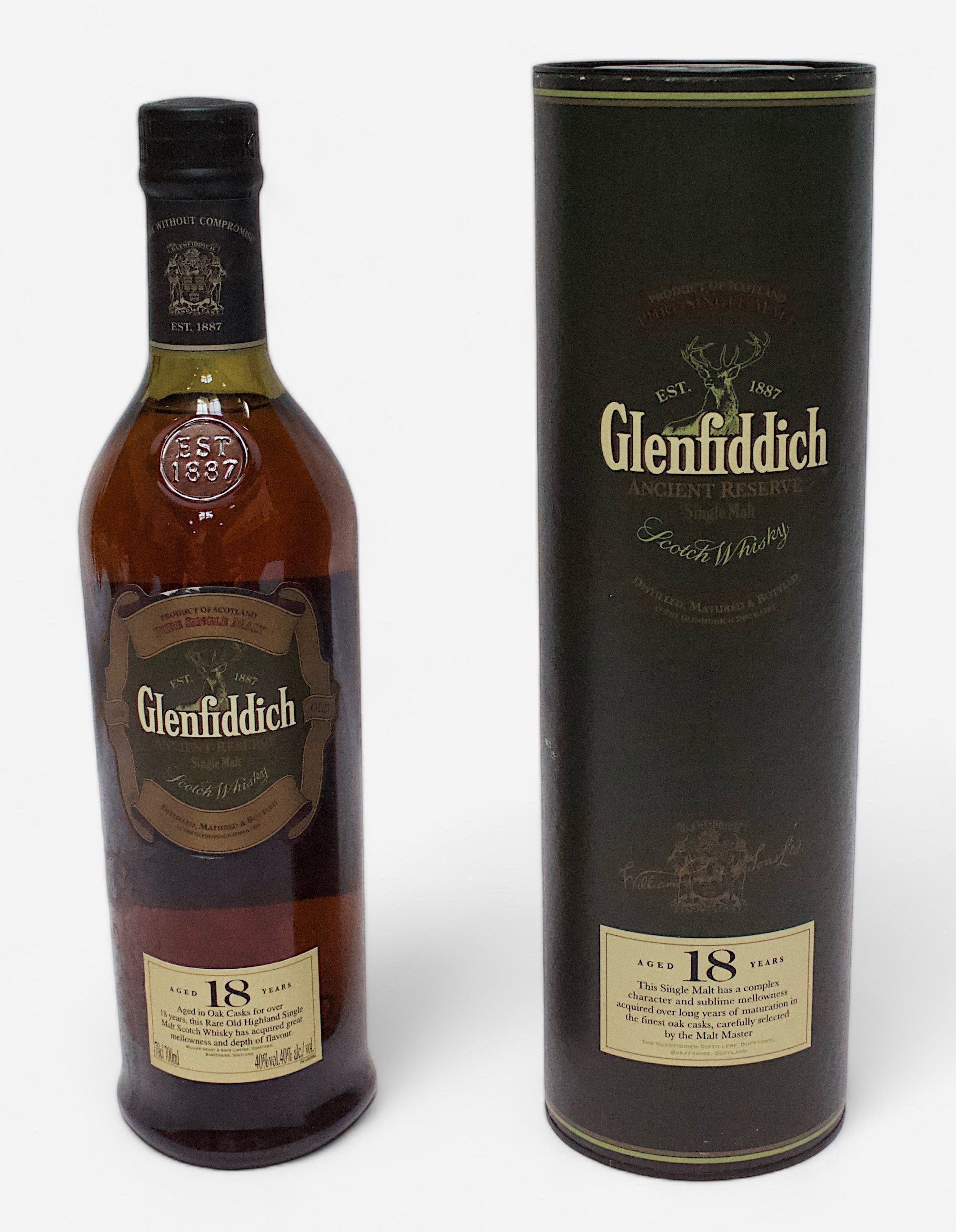 A bottle of Glenfiddich Ancient Reserve Pure Single Malt Scotch Whisky, Aged 18 Years, 70cl, 40%