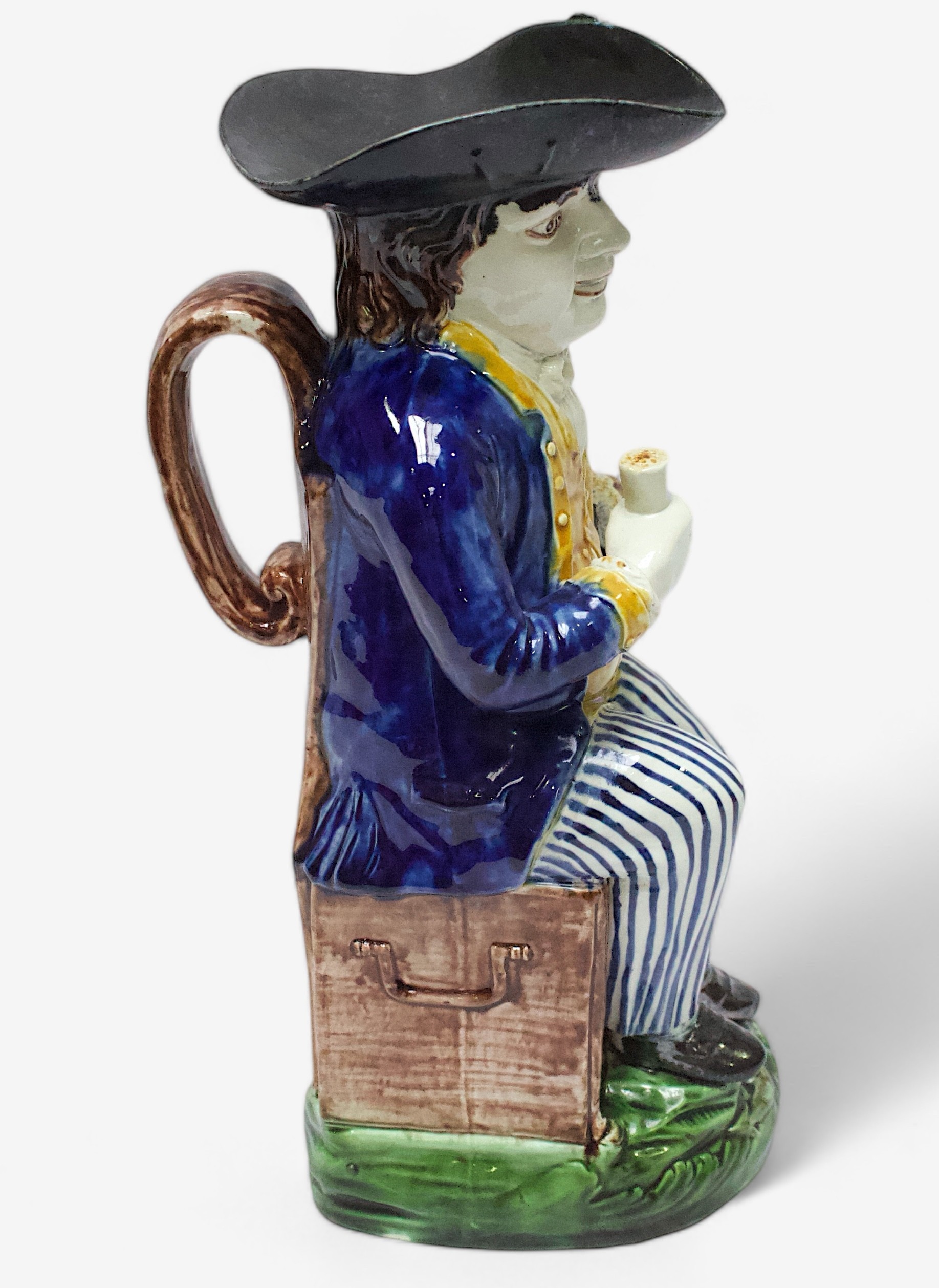 A Prattware ‘Sailor’ toby jug, c1790-1810, black tricorn hat, blue striped britches, overflowing - Image 2 of 5