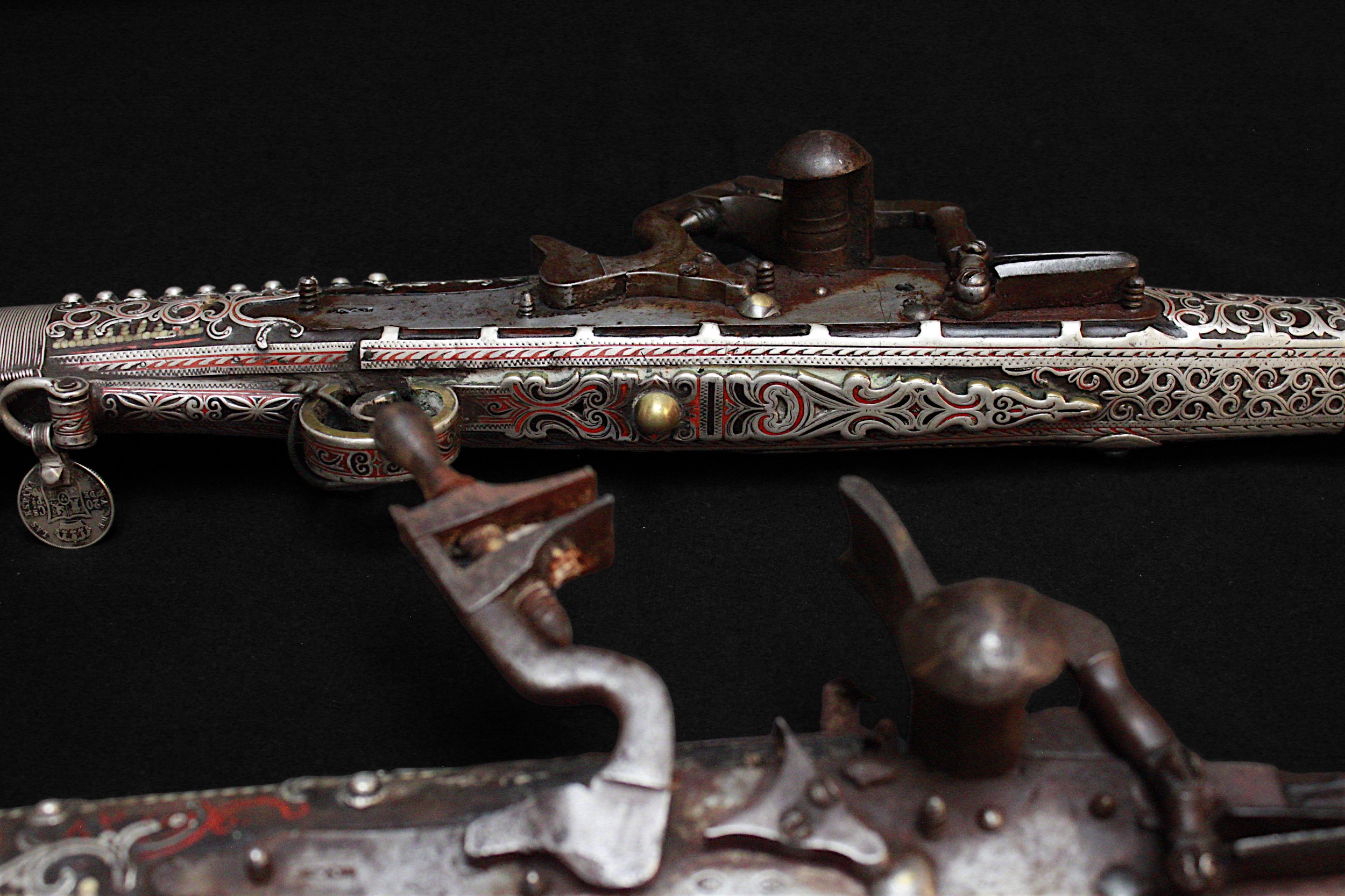 A near pair smooth bore 18th/19th century Arab snaphaunce Jezail, approximately 64” overall, with - Image 5 of 10