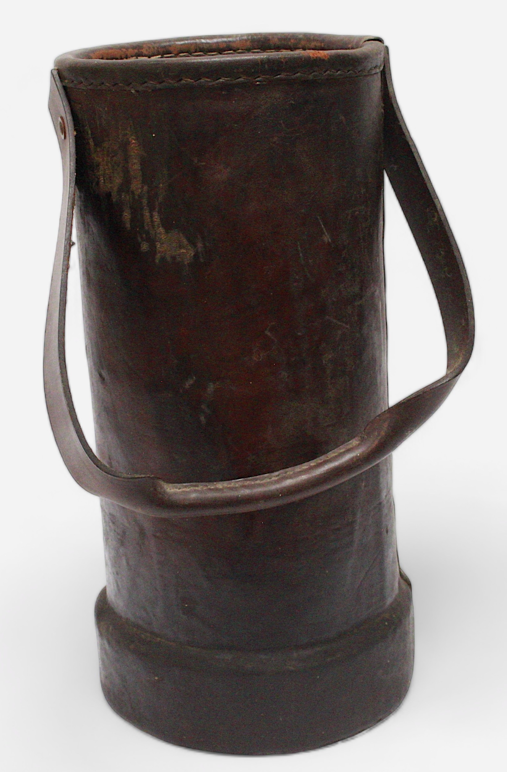 A Royal Navy leather cordite carrier, of cylindrical form with leather handle, and transfer - Image 2 of 3