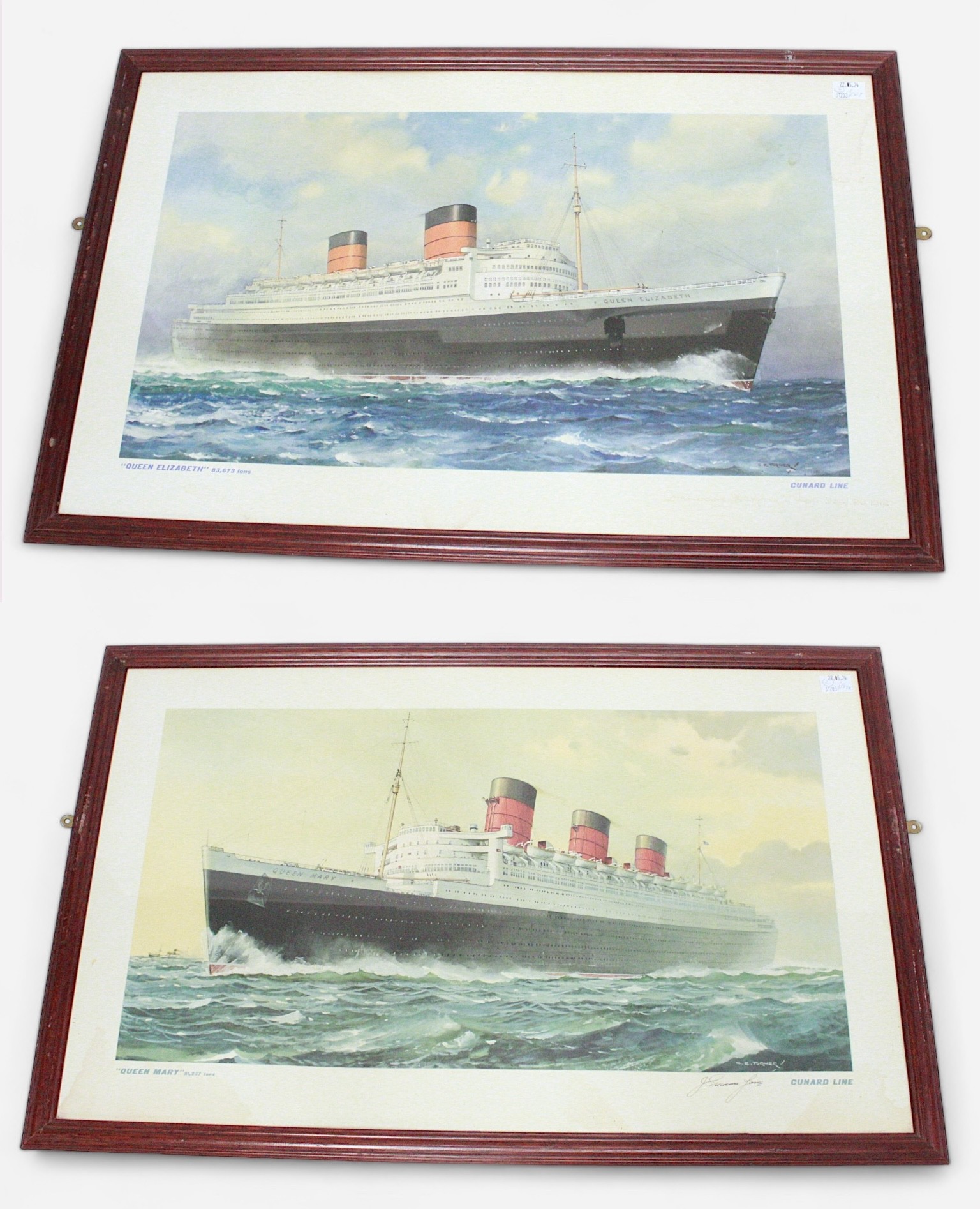 Two Cunard Line advertising posters for ‘Queen Elizabeth’ and ‘Queen Mary’, after Charles E