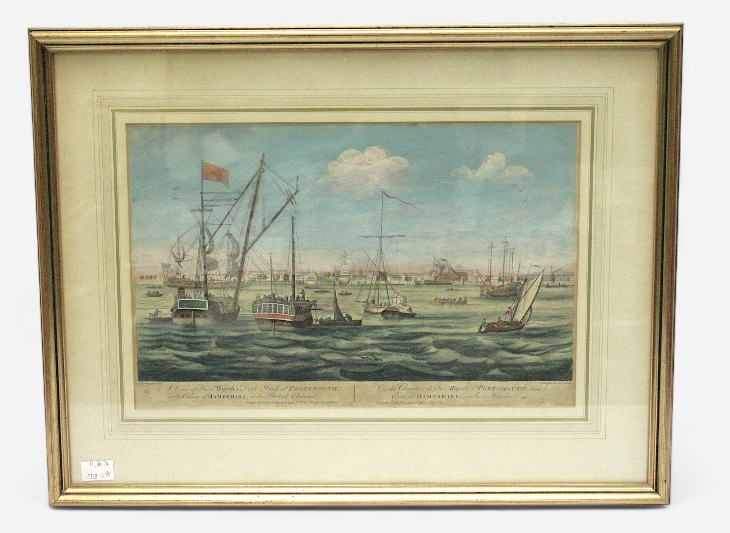 After J. Cleveley, hand-colouyred engraving, 'A View of His Majesty's Dockyard at Portsmouth, In The