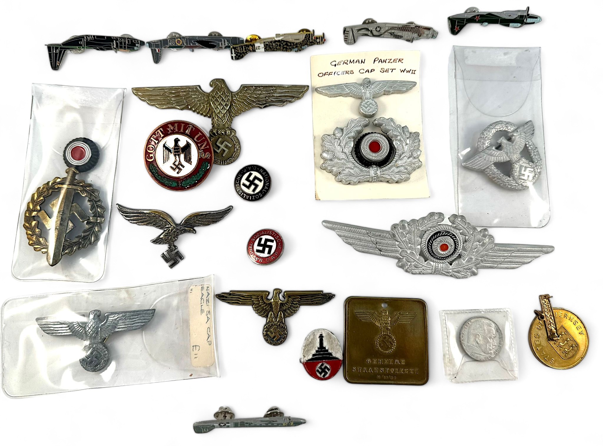 German Third Reich/ WWII Interest: Various badges including enamelled NSDAP badges, Luftwaffe cap