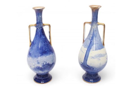 A pair of Royal Doulton ‘Blue Children’ pattern vases, of baluster form with slender necks, flared - Image 2 of 4