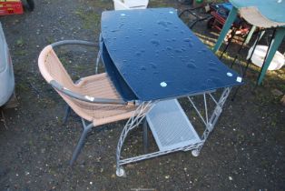 A computer desk and chair.