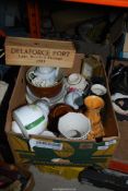 A box of china, a carriage clock, teapots and vases.