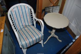 A wicker bedroom chair with upholstered seat and a scalloped edged table a/f., 20" x 2' high.