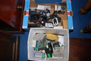 Two boxes of electrical components, CCTV cameras and monitor HKC, power supplies, head torches, etc.