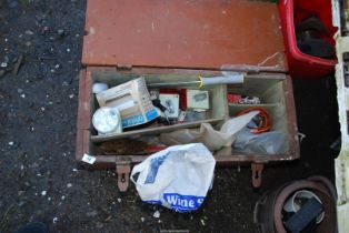 A wooden tool box and contents.