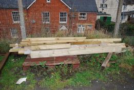 A quantity of timber including tanalised lengths, 6'' square gate post x 94'' long.