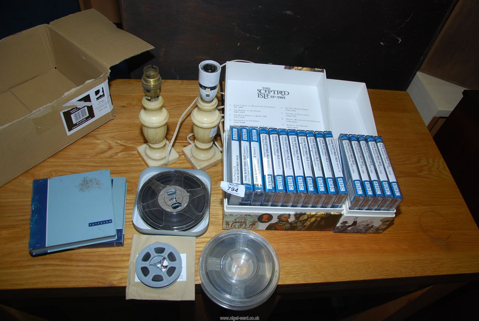 BBC audio tapes including Sceptred Isle, two table lamp bases and a small quantity of cine reels.