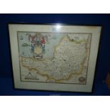 A framed Print of Saxon's map of Somerset 1575, 25 3/4" x 21".