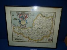 A framed Print of Saxon's map of Somerset 1575, 25 3/4" x 21".