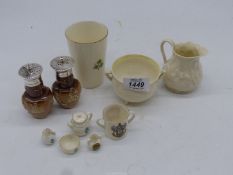 A small quantity of china including Belleek (crack to the rim), Staffordshire Crested ware,
