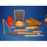 A quantity of stationery items including a miniature wood guillotine,