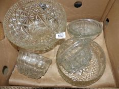 A large footed table centrepiece, trifle bowl and four jelly moulds.