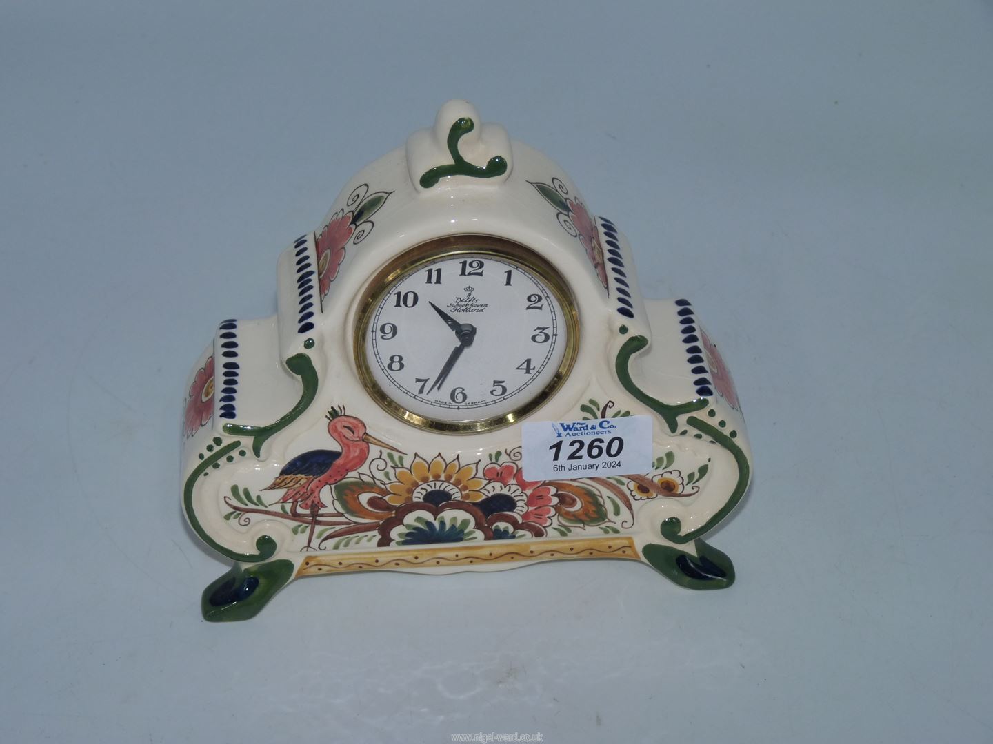 An unusual Poly Delfts hand-painted Holland porcelain cased mantel Clock, decorated with flowers, - Image 4 of 5