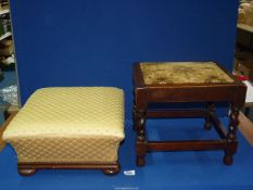 Two low footstools, one with gold diamond pattern upholstery, 15 1/2'' x 8'' deep,