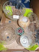A quantity of glass including footed bowls, Milfiorri paperweight,