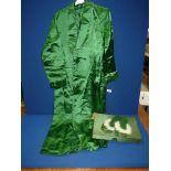 A Chinese green satin kimono and slippers set in matching box.