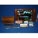 An inlaid Tray with a scene made from butterfly wings, letter rack, two Sheaffer pens,