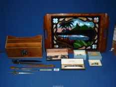 An inlaid Tray with a scene made from butterfly wings, letter rack, two Sheaffer pens,