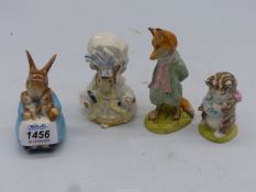Four Beswick Beatrix Potter figure including Foxy Whiskered Gentleman, Mrs rabbit and Bunnies,