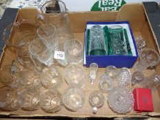 A quantity of glass including lemonade set, water jug, whisky and water tumblers, champagne flutes,