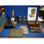 A quantity of miscellanea including a writing box, pair of metal vases, 'Bulmer's Cider' sign, etc.