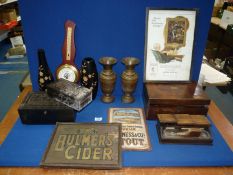 A quantity of miscellanea including a writing box, pair of metal vases, 'Bulmer's Cider' sign, etc.