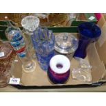 A quantity of glass including heavy decanter, blue cylindrical vase,