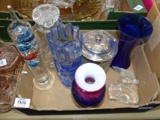 A quantity of glass including heavy decanter, blue cylindrical vase,