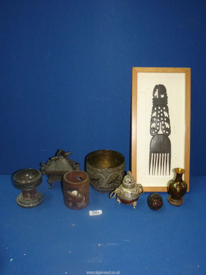 A small quantity of miscellanea including Cloisonne vase, white metal and copper incense burner, - Image 2 of 2