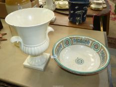 A large white china urn (chip to rim) 15'' high and a B&H 'Trojan' wash bowl with Grecian design