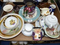 A quantity of china including fruit set, character jugs, small Ewenny jug and basket,