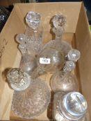 A quantity of decanters including two ships decanters, pair of etched bulbous shape etc.